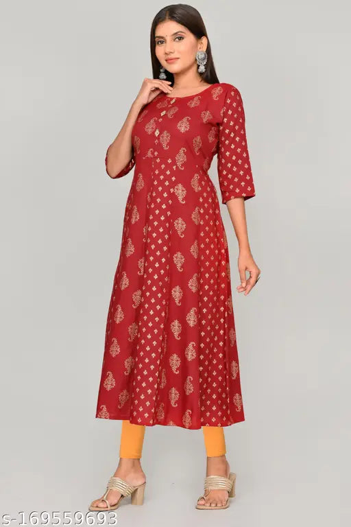 New printed rayon Anarkali kurti, three-quarter sleeves, vibrant Indian design. Stunning traditional wear for functions, festivals, parties, weddings