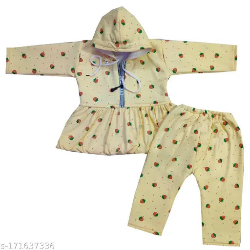 Woolen KIDS WINTER HOOD frock & pyjama set, printed long sleeves, cozy & soft for baby girls (0-24M), made in India