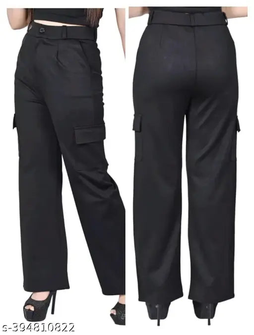 Black high-rise cargo pants with slanted inset pocket, patch with flap, straight fit, stretchable waistband, suitable for casual and formal wear