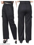 Black high-rise cargo pants with slanted inset pocket, patch with flap, straight fit, stretchable waistband, suitable for casual and formal wear