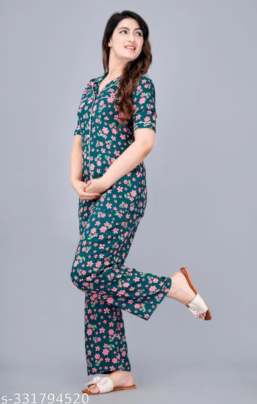Teal blue printed rayon women's night suit set, soft and comfortable loungewear for sleep or relaxation