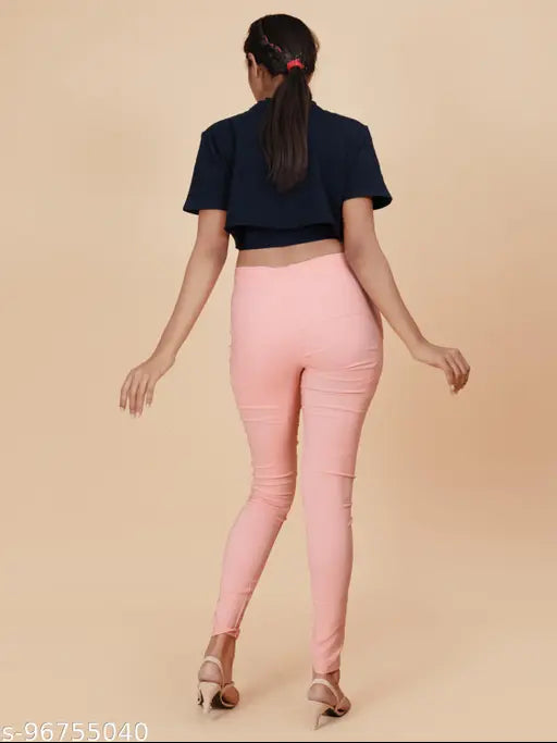 Fuchsia Lycra jegging for women with slim fit and elasticized waistband, ideal for traditional or western outfits. Made in India