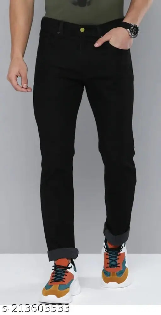 Black lycra men's jeans with denim solid pattern, Clubrocks brand