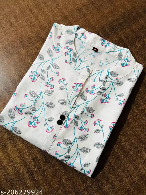 White cotton kurti with blue floral print, two buttons, casual wear.