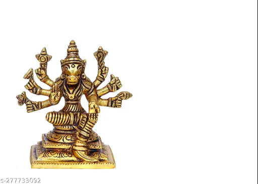 Brass, 8-handed Varahi Amman statue, Indian god idol with golden hues, 6cm height, religious artifact on display