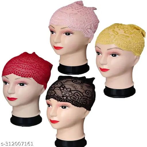Pink, yellow, red, black, and gold hijab caps