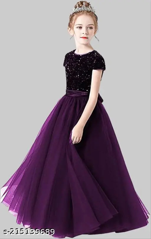 Embroidered net sequin full length ethnic gown dress in soft velvet and net, short sleeves, 5-16 years sizes available