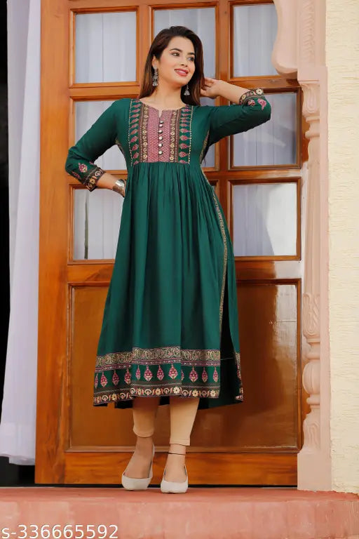 Rayon embroidered kurti, 3/4 sleeve, Indian Naira cut print with button and lace work. Available in S-XXXXL sizes