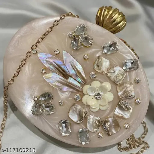 Mela special designer clutches with studs and patches, resin white heavy studded clutch for parties