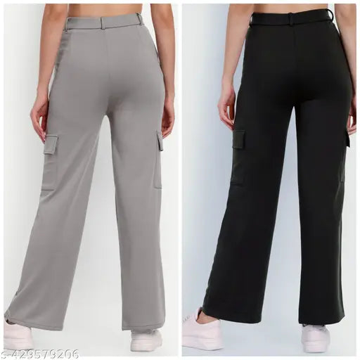 Ashma Enterprises cotton lycra cargo pants, straight fit with slanted inset pocket and flap patch, formal and casual wear, pack of 2 combo (S,M,L), India