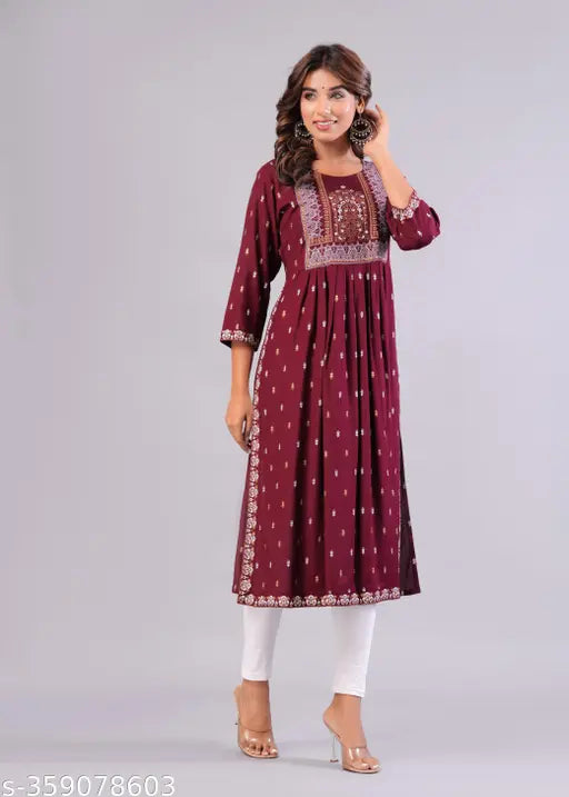Rayon Nayara Cut Kurti - Indian women's fashion, three-quarter sleeve, zari woven design