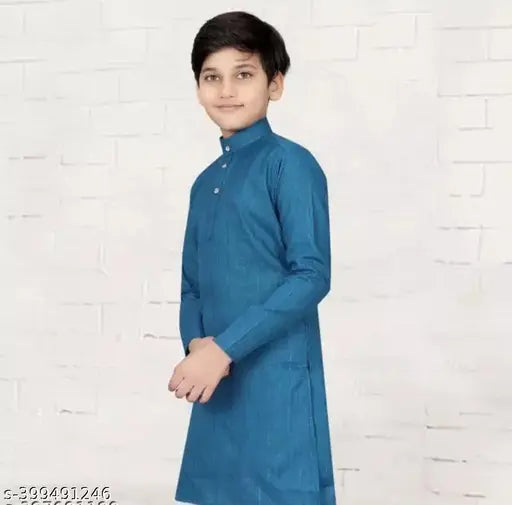 Blue cotton mini kurta for boys, solid pattern, long sleeves, size: 4-5 years (India)