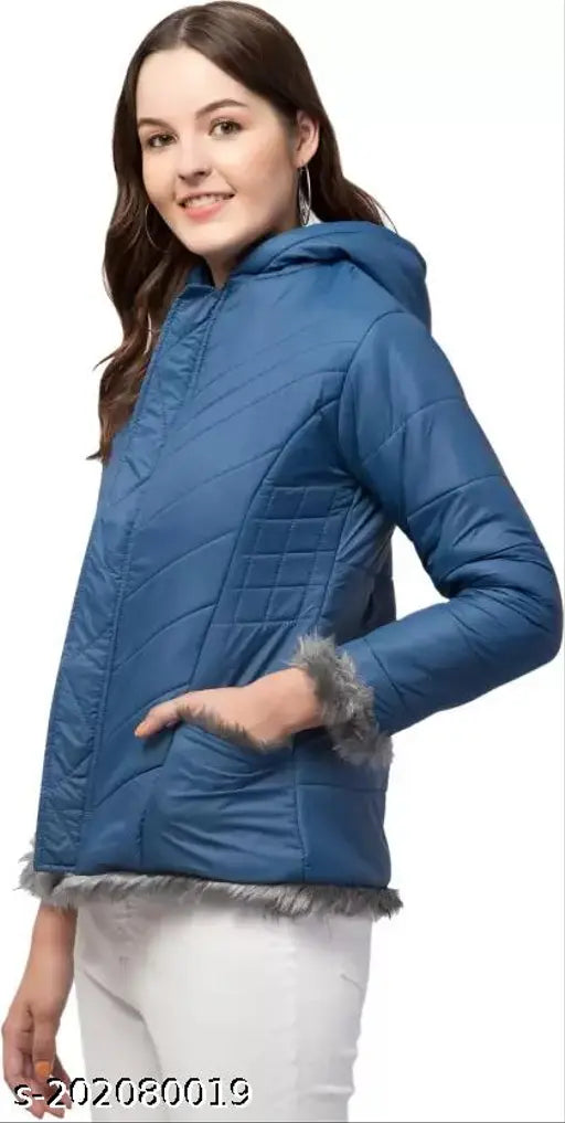 Solid fur women's and girls parka jacket, faux fur trim and lining, S (Bust 34in, Length 25in), M (Bust 36in, Length 25in) - Indian winter wear