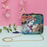 Vastans womens clutch bag with detachable sling chain, printed with Radha Krishna design