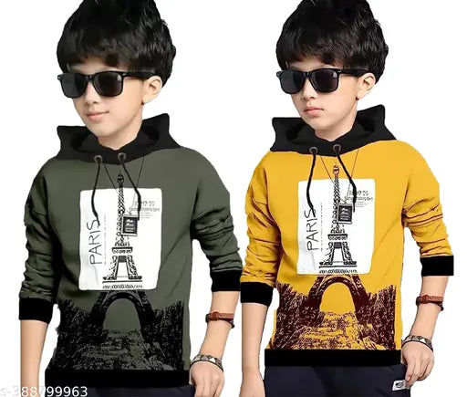 Cotton blend kids' boys hooded typography printed T-shirts pack of 2, featuring long sleeves and Paris print design. Sizes range from 2-3 years to 14-15 years, made in India