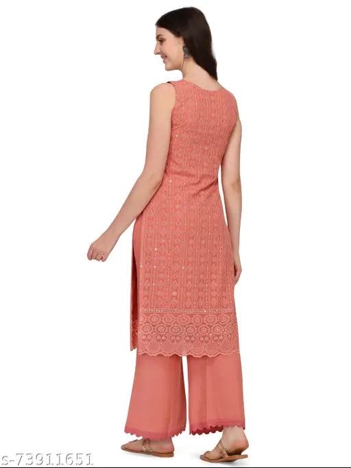 Chikankari embroidered georgette kurta & viscose palazzo set, sleeveless ethnic Indian wear