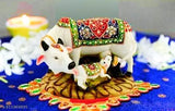Marble-studded Kamdhenu cow and calf figurine, spiritual decor for home or gifting
