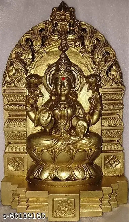 Hindu deity Lakshmi statue, gold-plated, ornate detailing, seated in a lotus