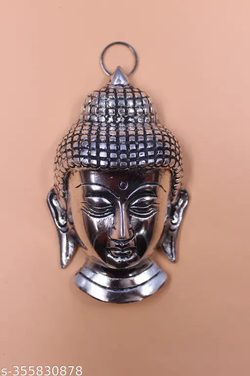 Meditating Buddha mask wall hangings, metal, 2 pcs. Elegant home decor with peaceful, prosperous vibe. Perfect for gifting. Handcrafted Indian artwork
