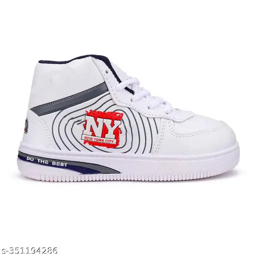 White, black, and navy sports walking gym shoes for boys with high-quality sole