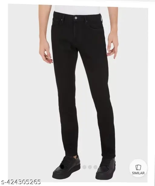 Black men's polycotton solid-color jeans from India, size options include 28, 30, 32, and 34