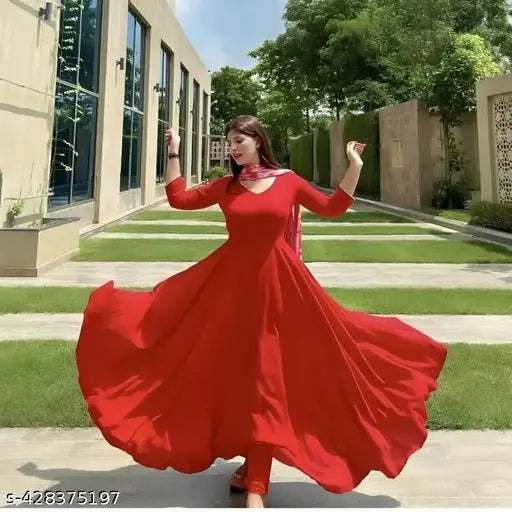 Red rayon women's gown with dupatta, elegant silhouette and three-quarter sleeves for special occasions
