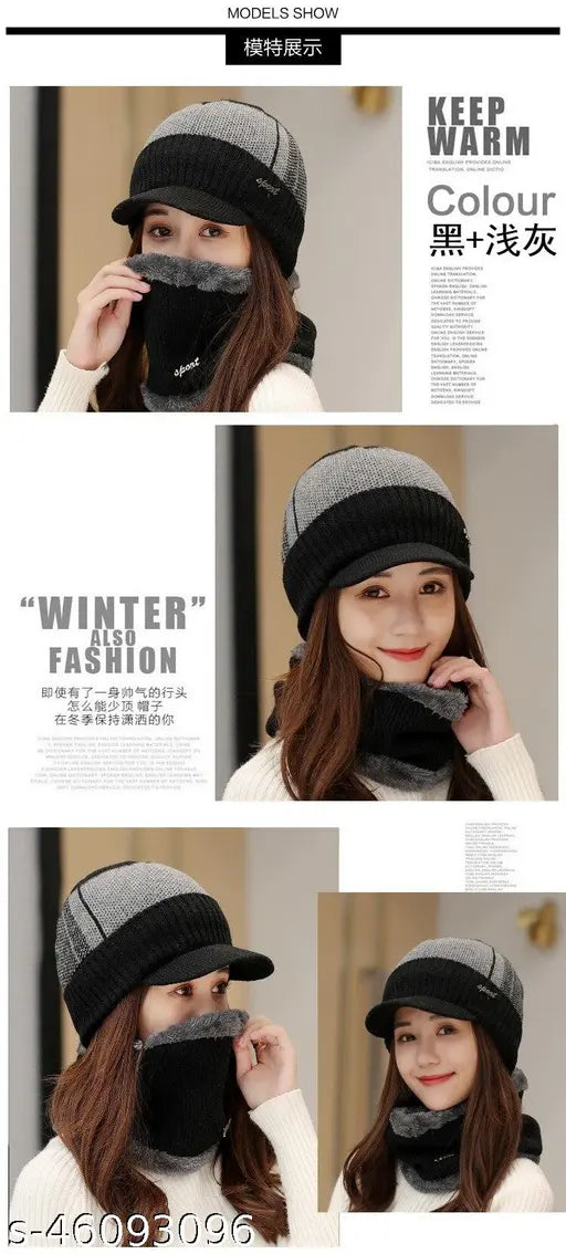 Women's winter accessory set, includes black cap with fur lining and scarf, soft imported knit