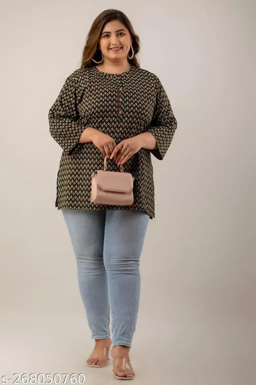 Plus size rayon top, three-quarter sleeves, printed net design. Stylish plus size clothing from India