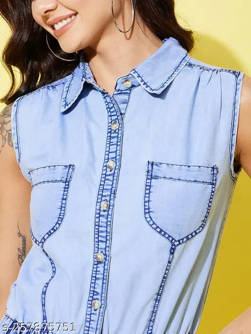 Solid blue denim sleeveless jumpsuit for women, StyleStone Women's outfit on model