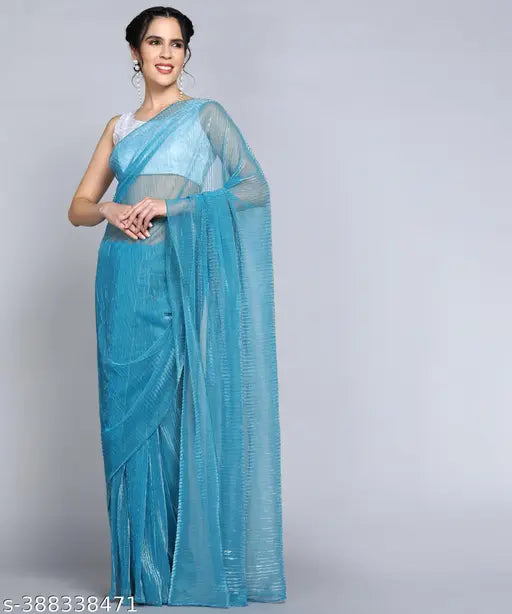 Red and Lycra blend ready-to-wear saree with separate blouse piece, part of the Make in India project