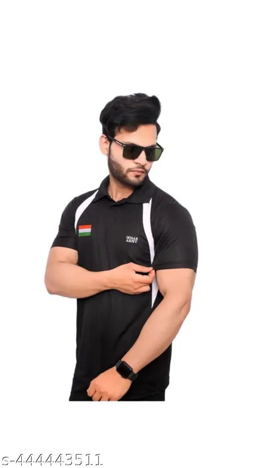 Indian Army black cotton-silk collared t-shirt for men, short sleeves with printed net design