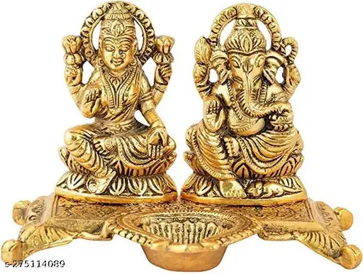Golden brass Laxmi Ganesh idol with diya, religious home office decoration