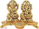 Golden brass Laxmi Ganesh idol with diya, religious home office decoration