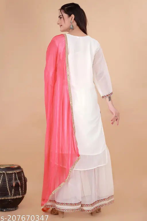 White, pink embroidery on straight kameez with sharara and dupatta set