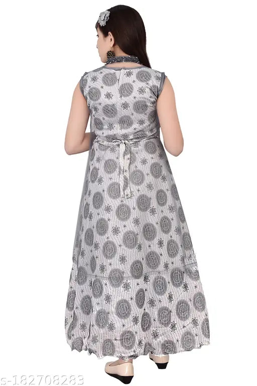 Stylish embellished floral printed grey & solid green western gown combo pack (2pcs) - kids wear, trending girls' dresses in black berry & creta silk. Perfect for everyday-party/wedding wear
