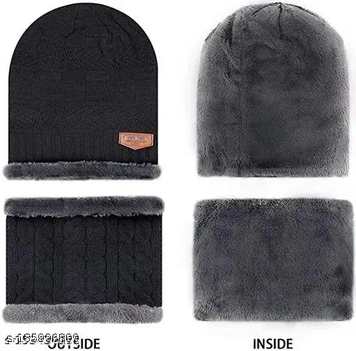 Black knitted beanie hat, soft wool material, unisex, neck muffler, premium cap