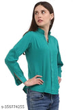 Jade green poly crepe formal top with notched neckline and full cuff sleeves for women