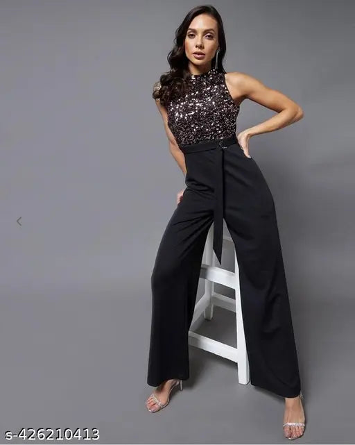 Lycra sleeveless embroidered net women's jumpsuit, featuring various sizes from S to XXL. Indian-origin fashion piece on display