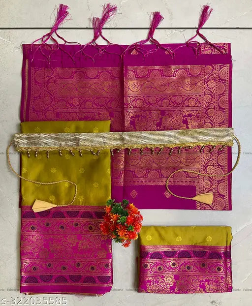 New Traditional kids half saree set in art silk, zari-woven and semi-stitched, with litchi silk choli and dupatta, free size, 2.8m unstitched lehenga, 1.7m dupatta, belt included, Indian origin