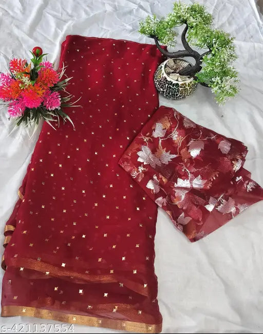 Vibrant chiffon sari with intricate embellishments, ideal for special occasions in India