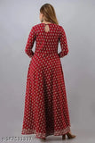 Red rayon Anarkali kurti, three-quarter sleeves, vibrant raindrop print. Women's fashion from India