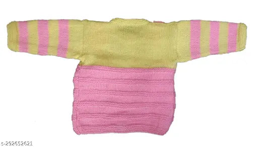 Hand knitted wool dress set (sweater, cap, booties) for 6-12 month infants - soft, self-designed woolen outfit from India