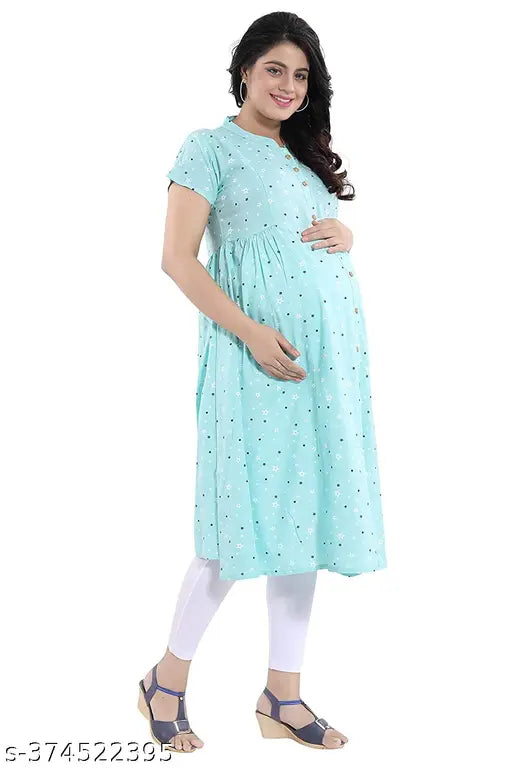 Viscose Rayon printed maternity nursing kurti with breast feed access zip, maxi length and three-quarter sleeves, comfortable for every mother-to-be. Soft & cozy Indian design for casual or ethnic wear. Available in sizes S to XXXL