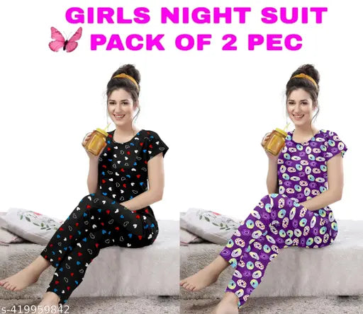 Stylish women's printed satin nightsuit set (pack of 2), vibrant patterned sleepwear for women
