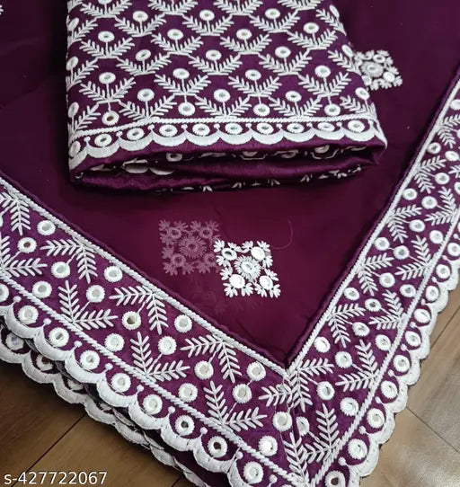 Vibrant sari with 9mm sequence embroidery, designed in the latest trending style, crafted with a heavy work blouse and matching lace fabric. Embroidered design includes decorative borders and sequin accents