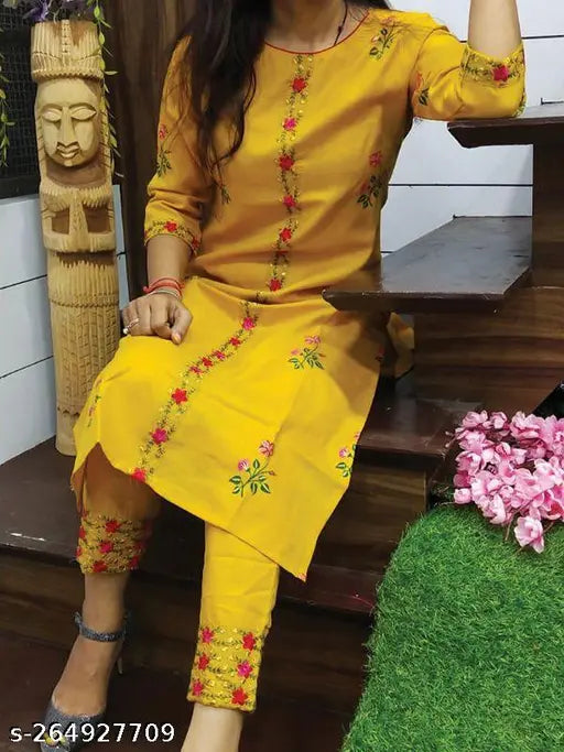 Yellow kurta set, detailed embroidery on kameez