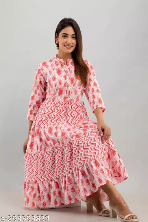 Cotton print anarkali gown dress, three-quarter sleeves, vibrant Indian ethnic wear