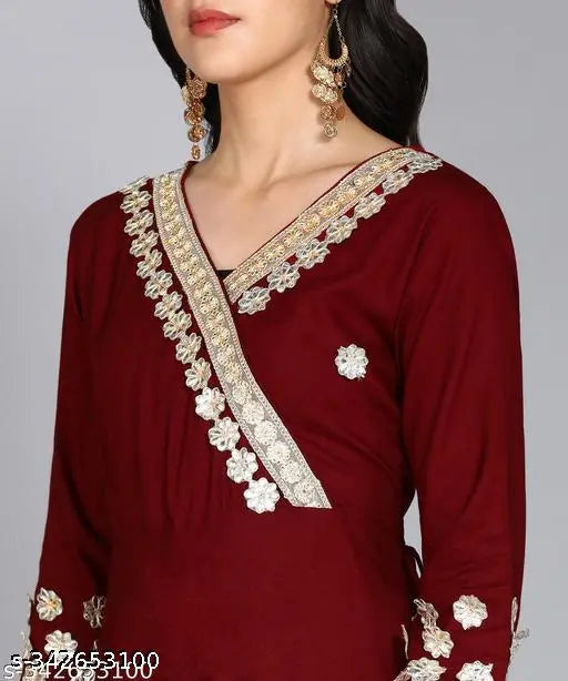 Maroon rayon embellished Anarkali kurta with three-quarter sleeves, handcrafted in Jaipur for traditional festive outfits