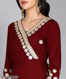 Maroon rayon embellished Anarkali kurta with three-quarter sleeves, handcrafted in Jaipur for traditional festive outfits