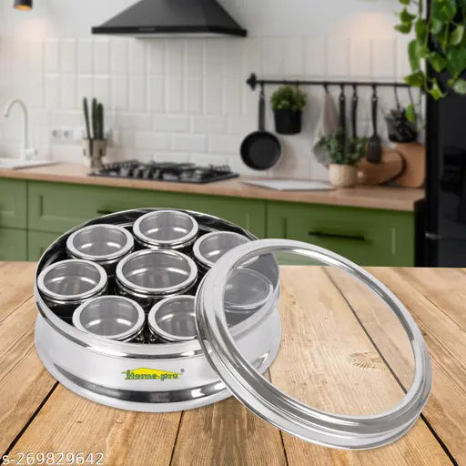 Stainless steel multipurpose see-through kitchen container with air-tight lids, contains 8 small containers, suitable for masala dabbas or organizing spices, pack of 1